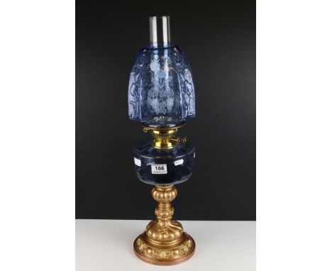 Victorian Oil Lamp with Blue Beehive Etched and Embossed Shade, Blue Glass Font and Embossed Metal Base, 63cms high 
