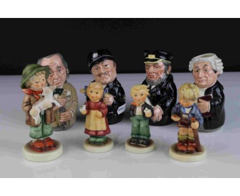 Group of four Goebel Hummel Figures, one with a , lamb, and four small Royal Doulton Doultonville Collection Toby Jugs includ