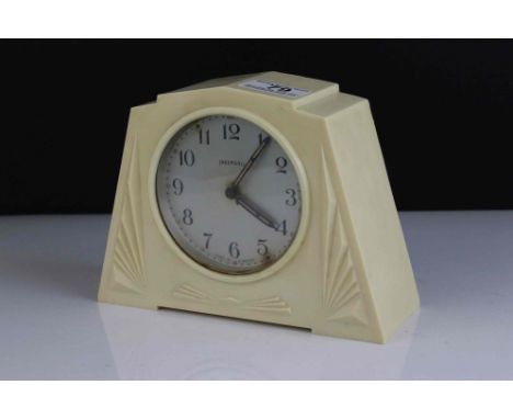 Art Deco White / Cream Bakelite Cased Ingersoll Mantle Clock, 14cms high 