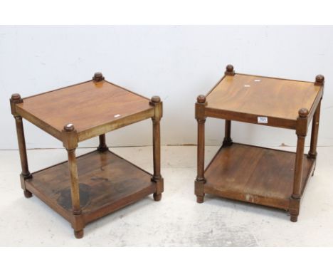 Two similar Mahogany Square Lamp Tables with turned supports and undershelves, each 46cms wide x 51cms high 