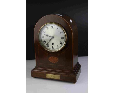 Edwardian string inlaid mahogany dome topped mantle clock with single train movement, 33cms high 