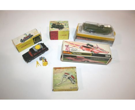 DINKY TOYS 5 boxed items, 281 Pathe News Camera Car (flap missing from box), 354 Pink Panther, 322 Disc Harrow, 601 Austin Pa