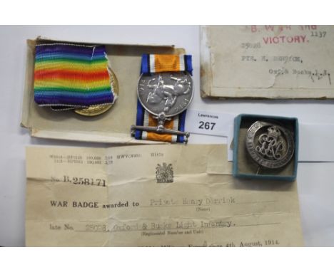 A GT WAR PAIR & SWB TO THE OX & BUCKS REGT. British War & Victory medals in box of issue also a Silver Wound Badge, awarded t