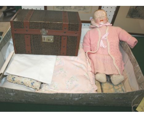 TWO HEADED DOLL & DOLLS TRUNK an interesting two headed composition head doll, with smiling and crying expressions. Also with