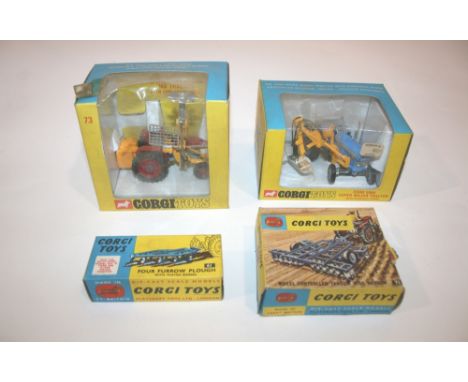 CORGI TOYS 4 boxed items, 74 Ford 5000 Super Major Tractor, 73 Massey-Ferguson 165 Tractor, 61 Furrow Plough, and 71 Disc Har