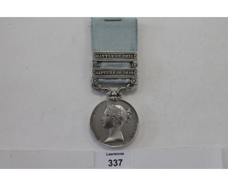 AN ARMY OF INDIA MEDAL. A n Army of India medal with two bars, Capture of Deig and Battle of Deig. Purchased from Baldwins in