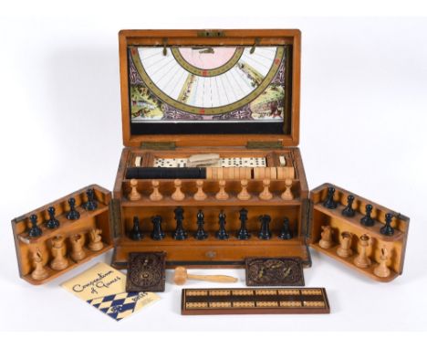 GAMES COMPENDIUM the pine box containing a variety of games including Chess, Draughts, Dominoes, Horse Racing Game, Whist Mar