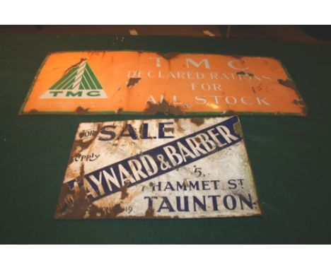 TWO ENAMEL SIGNS 1 for TMC Declared Rations for all Stock, and 1 for Maynard & Barber, 5 Hammet St, Taunton. (2)