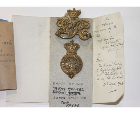 BADGES OF A VICTORIAN SURGEON & HIS WIFE. A Helmet badge and crossbelt or pouch badge of the Army Medical Department. Victori