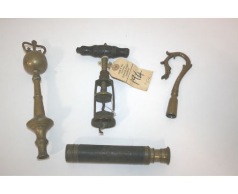 ANTIQUE CORKSCREW with a turned rosewood handle (brush missing) and brass barrel. Also with two brass Friendly Society Pole H