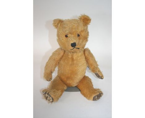 ANTIQUE TEDDY BEAR with glass eyes stitched mouth and nose, and swivel head and limbs. 17ins (43cms) high