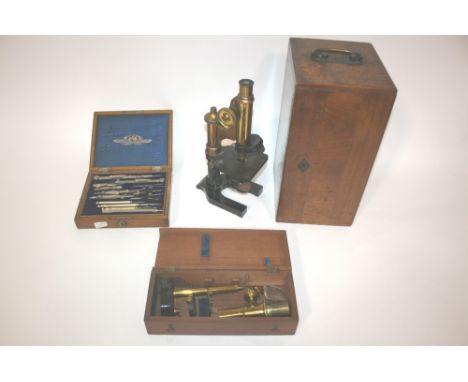 CASED MICROSCOPE - LEITZ a Leitz monocular microscope, in a mahogany case. Also with a Stanley cased geometry set, and a boxe
