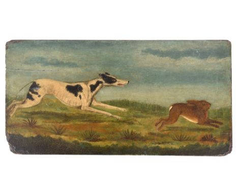 ENGLISH SCHOOL, 19th CENTURY HARE COURSING Bears attribution to Edward Lloyd verso, oil on panel, unframed 19.5 x 41.5cm.