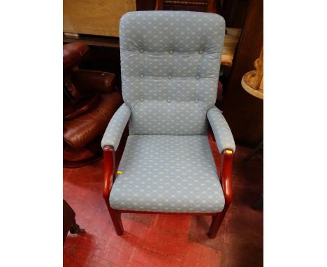 Dark wood light blue upholstered armchair