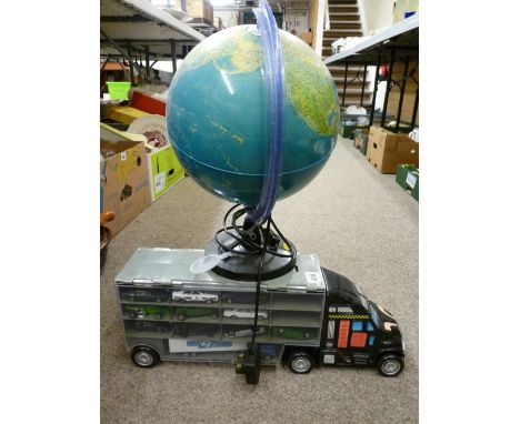 Diecast vehicle storage box in the form of an articulated truck with contents and a light-up desk globe