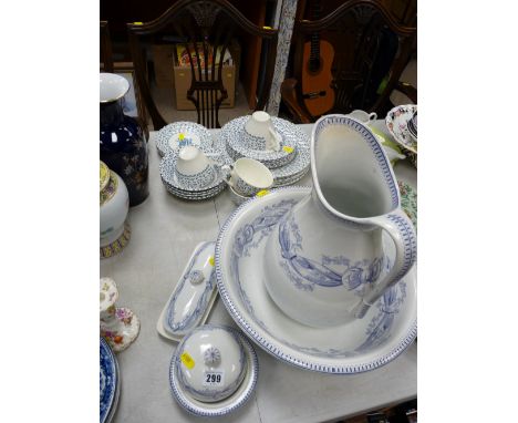 Pretty blue and white wash jug and basin set and a parcel of blue and white teaware