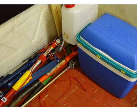 Selection of long handled garden tools including pruner, thermos, coolbox and 10L water carrier