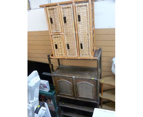 Dark stained bamboo storage unit with central cupboard doors and a similar lighter bamboo shelving unit with two short over t