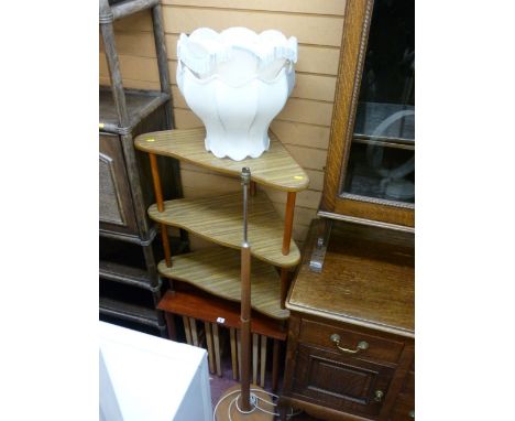 Nest of five tables, modern corner three shelf whatnot and a mid Century standard lamp with shade E/T