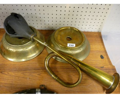 Brass vehicle horn and a pair of brass possibly vehicle headlamps