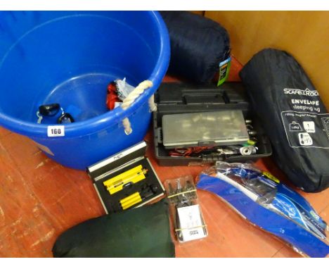 Blue tub containing small toolbox with contents of spanners, sockets etc, Halfords sleeping bag etc