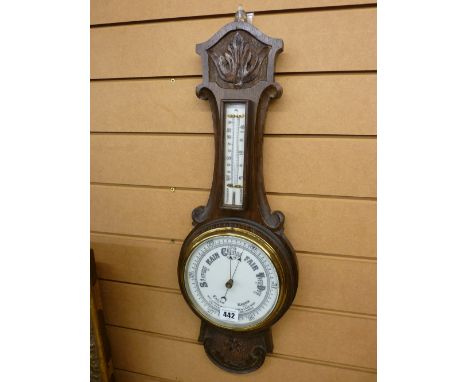 Vintage oak mounted barometer with thermometer