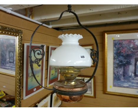 Hanging copper font oil lamp with Hinks Duplex No. 2 wick cage 