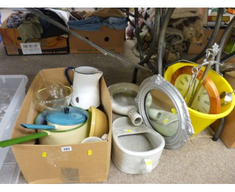 Box of enamel and other kitchenware, a pottery slipper pan and one other, a plastic bucket and contents etc