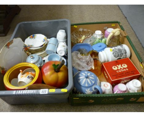 Box and a crate of vintage china and collectables including an OXO cube tin, early plastic tableware, Wedgwood Jasperware tea