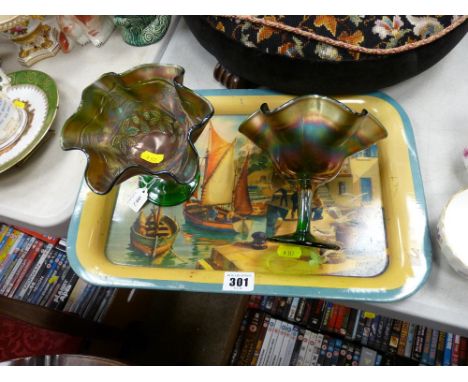 Pair of carnival glass pedestal dishes and a vintage metal tray with harbour scene