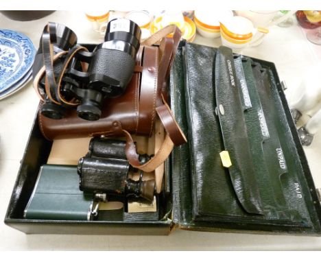 Vintage writing case, a pair of Ross, London 15x40 binoculars in carry case etc