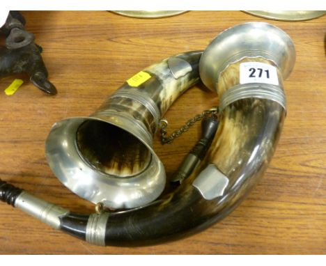 Pair of horn hunting horns with plated rims