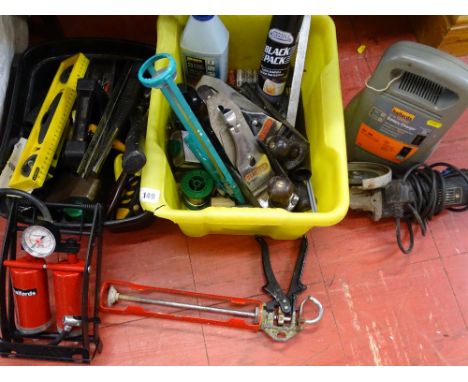 Two tubs of various garage items including Halfords double foot pump, tools, Halfords battery charger, small angle grinder an