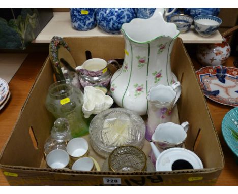 Box of china and glassware including good coloured lampshade, Royal Worcester, pink lustre jug etc