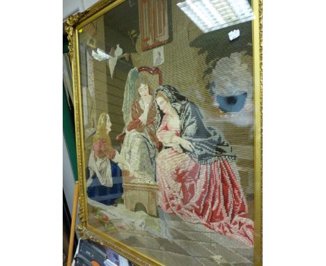 Large gilt framed Berlin type woolwork tapestry of two young girls with fortune teller