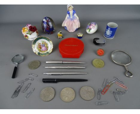 Mixed box of collectables including a Royal Doulton 'Dinky Doo' figurine HN1678, commemorative crowns, a small modern enamel 