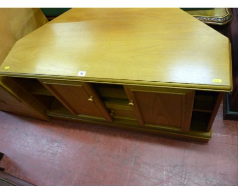 Light wood corner entertainment unit with sliding doors