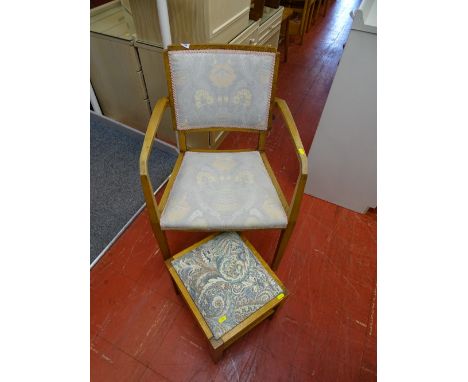 Light wood floral upholstered armchair with similar stool