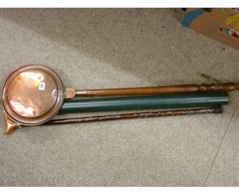 Long handled copper bedwarmer, a walking stick and a quantity of vintage news sheets with interesting advertising detail