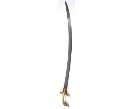 A 19th Century Indian Shamshir, with 77cm single edge curved steel blade with double incised fullers, the brass hilt with lon