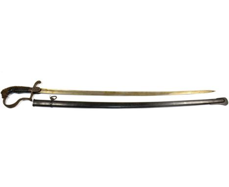 A Prussian Artillery Officer's Sword, with 77.5cm plain single edge fullered steel blade, iron stirrup hilt, the langets cast