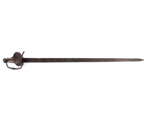 A 17th/18th Century Mortuary Type Sword, the 87.5cm double edge steel blade with a narrow central fuller running for 27cm fro