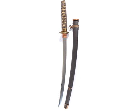 A Japanese Showa Wakizashi, the 54cm blade with traces of billowing hamon, one piece copper habaki, with later hilt fittings 