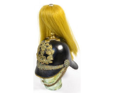 An Edward VII King's Own Norfolk Imperial Yeomanry OR's Helmet, the black leather patent skull mounted with gilt metal laurel