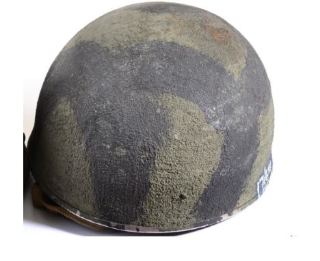 A Second World War British D-Day Mk.2 Paratrooper's Helmet by BMB, with camouflage paint, the left side painted with unit num