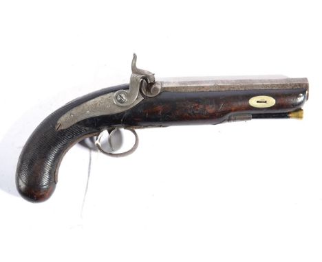 A 19th Century Percussion Greatcoat Pistol, the 15.5cm octagonal steel barrel with Birmingham proof marks to the underside, t