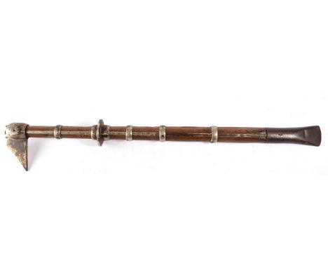 A Japanese Kusarigama Type Pick, with plated steel head, the wood haft inset with four plated steel langets bound with four r