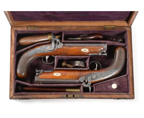 A Pair of 19th Century Percussion Travelling Pistols by Thomas Hewson, London, 16 bore, each with 14cm octagonal blued steel 