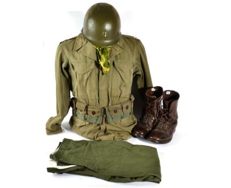 A Second World War US Airborne Uniform, comprising an M43 pattern tunic with embroidered sleeve badge and rank insignia to a 