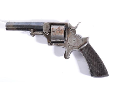 A 19th Century Rimfire Single Action Seven Shot Revolver, with blued finish, 8.5cm octagonal sighted barrel, the right side w